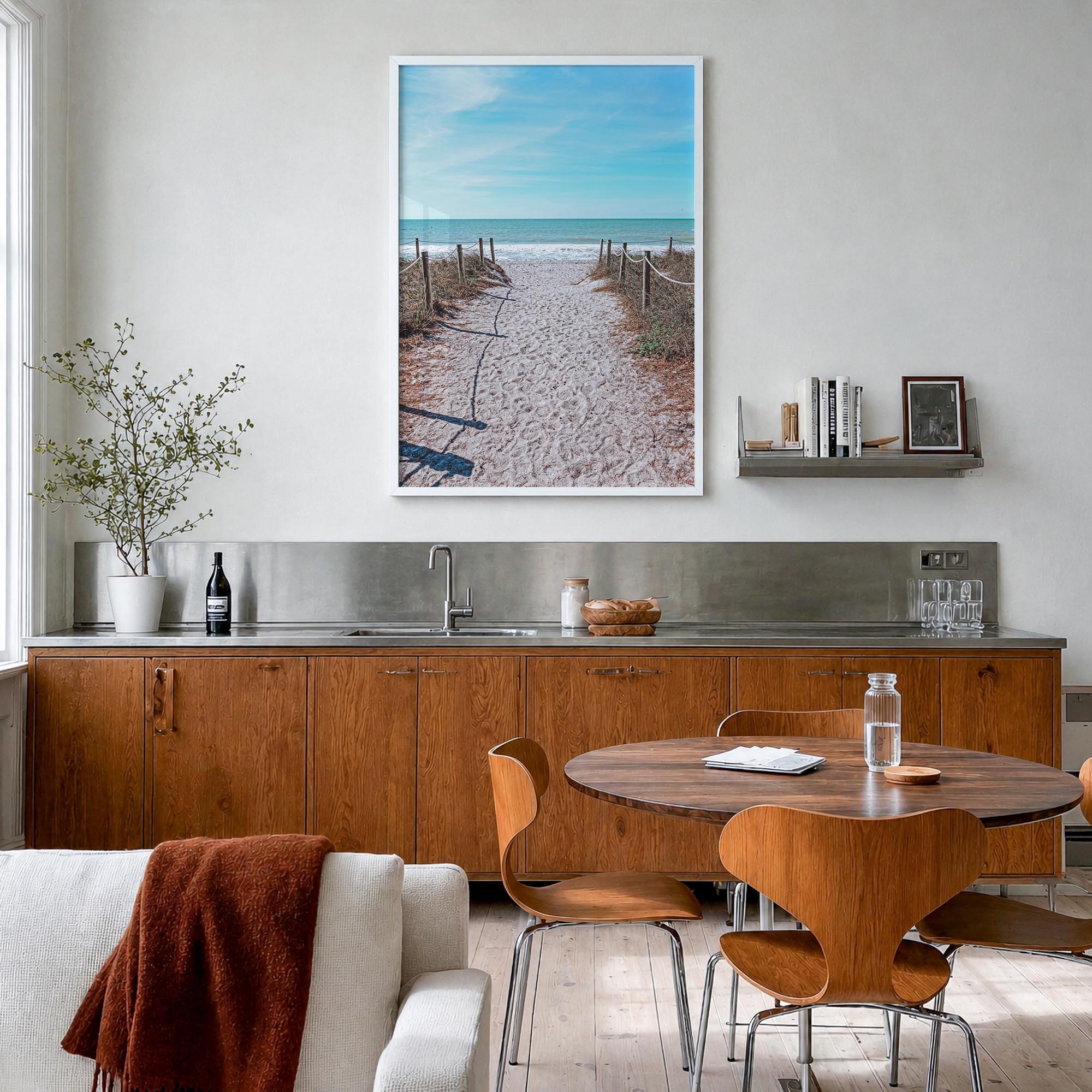 Captiva colorful photo poster of Florida, USA – vertical wall art in white wood frame, hanging on wall