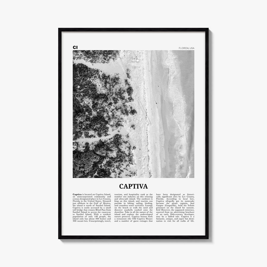 Captiva no. 1 black & white newspaper poster of Florida, USA – vertical wall art, unframed print shown in interior mockup