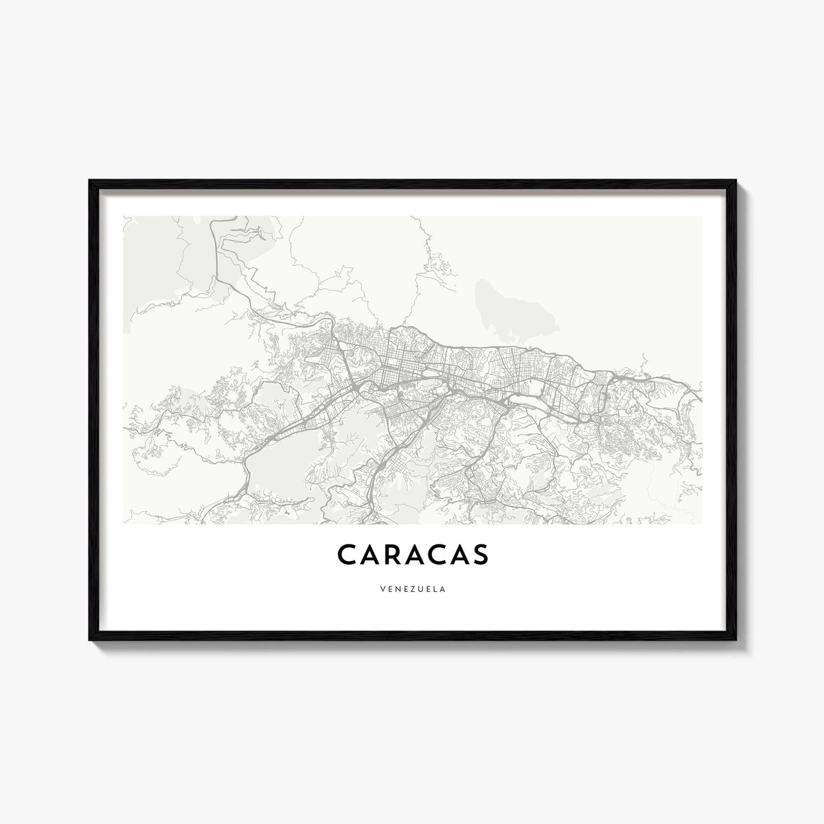 Caracas black & white map poster of Venezuela – horizontal wall art, unframed print shown in interior mockup