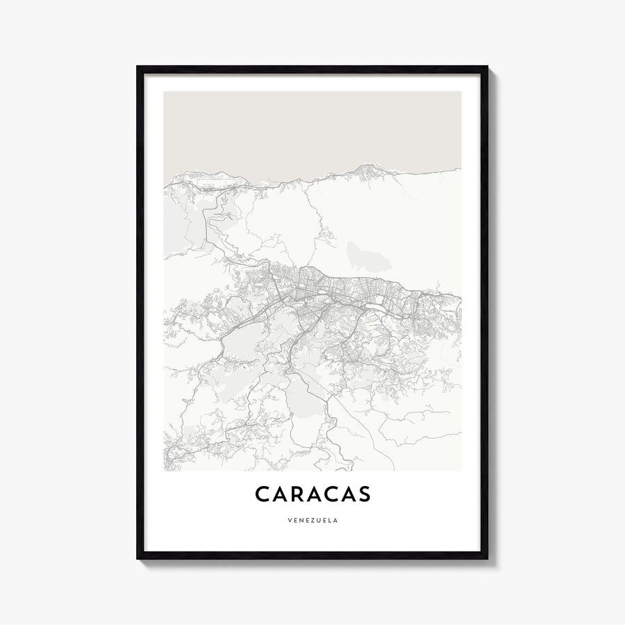 Caracas black & white map poster of Venezuela – vertical wall art, unframed print shown in interior mockup