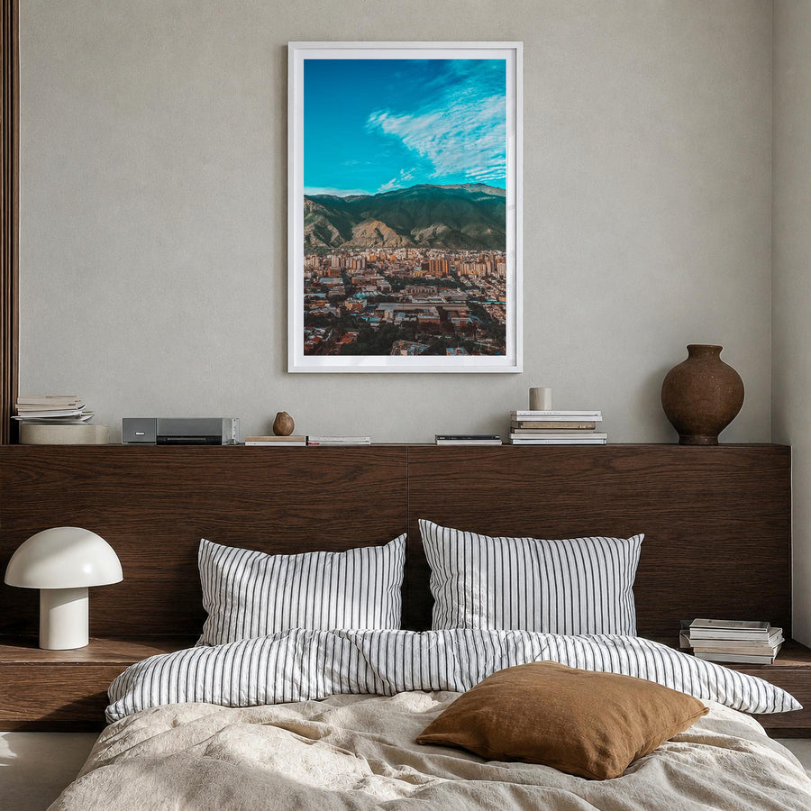 Caracas colorful photo poster of Venezuela – vertical wall art in white wood frame with white border, hanging on wall