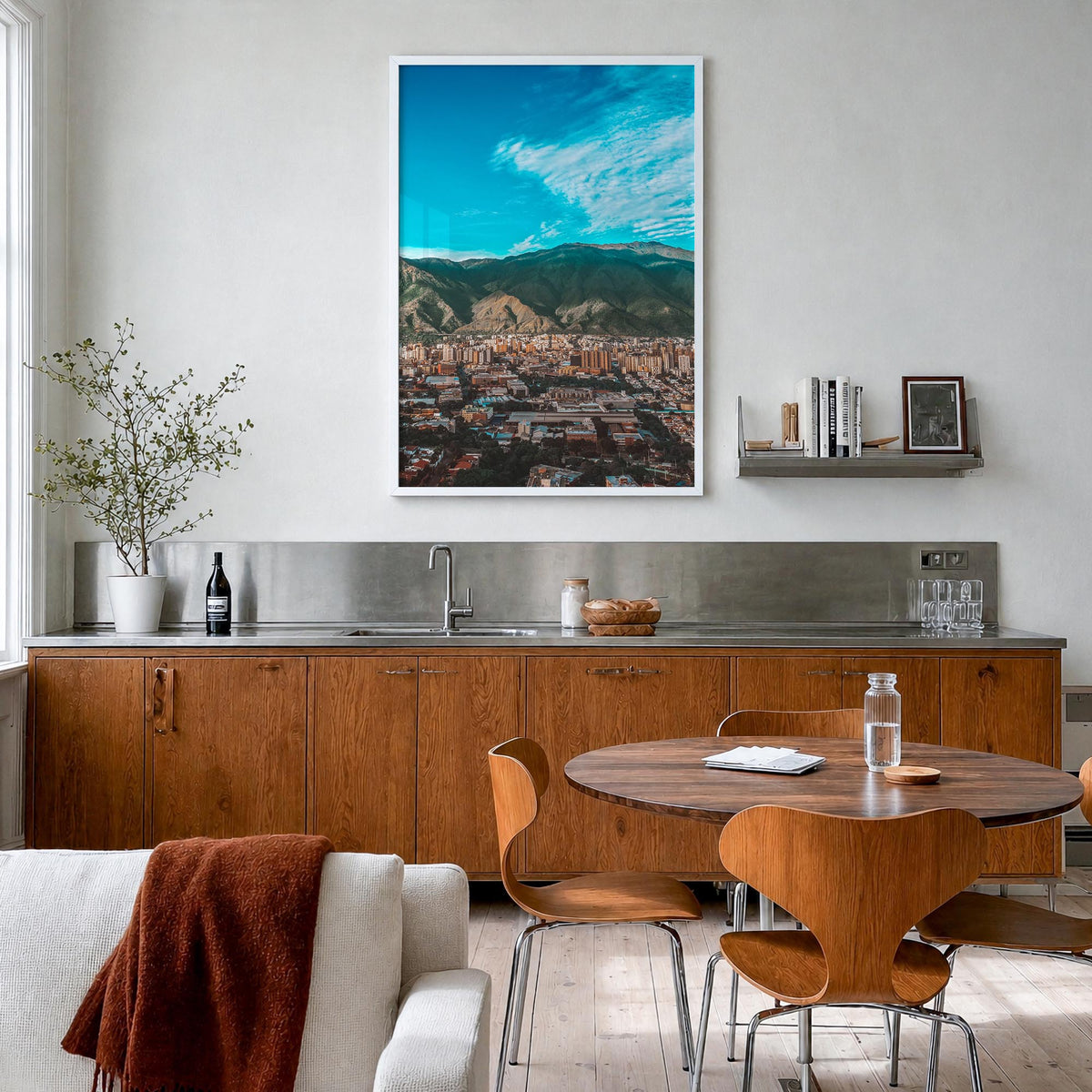 Caracas colorful photo poster of Venezuela – vertical wall art in white wood frame, hanging on wall