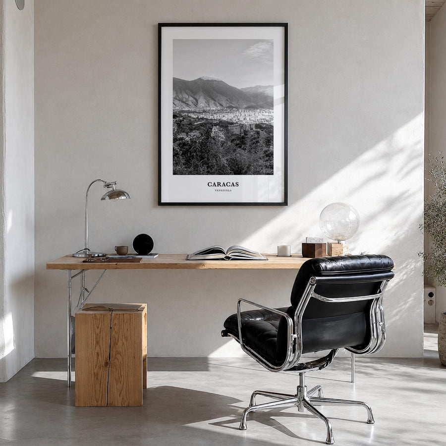 Caracas no. 1 black & white classic poster of Venezuela – vertical wall art in black wood frame, hanging on wall