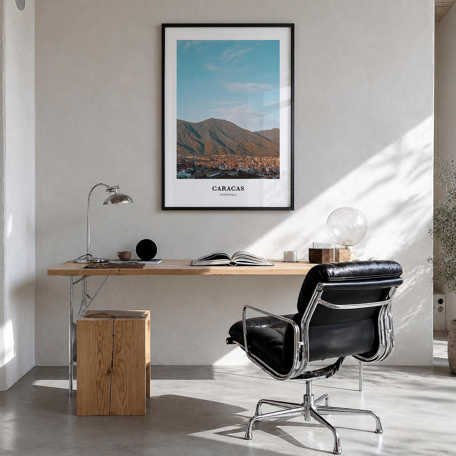 Caracas no. 1 colorful classic poster of Venezuela – vertical wall art in black wood frame, hanging on wall