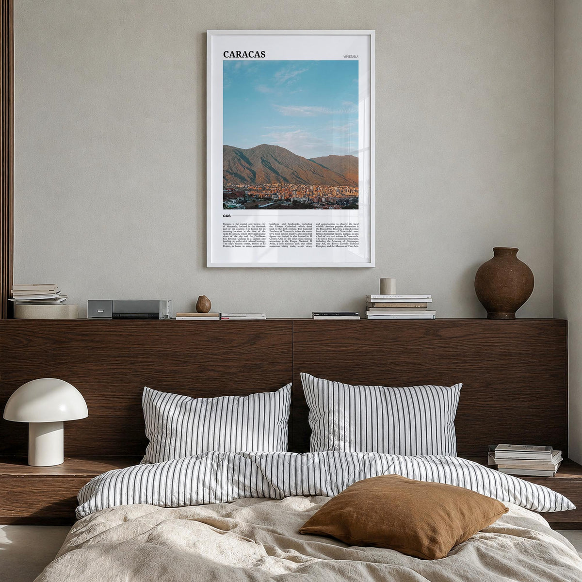Caracas no. 1 colorful travel poster of Venezuela – vertical wall art in white wood frame, hanging on wall