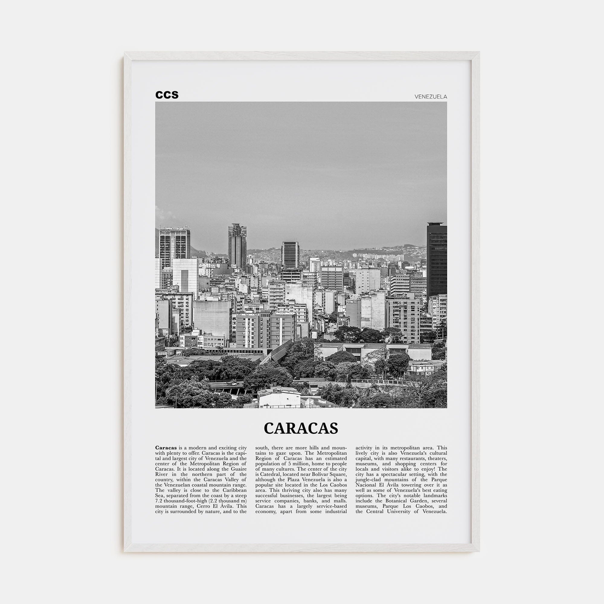 Caracas No 1 Poster White Wood / 8x12 in Nbourhood Travel B&W Poster