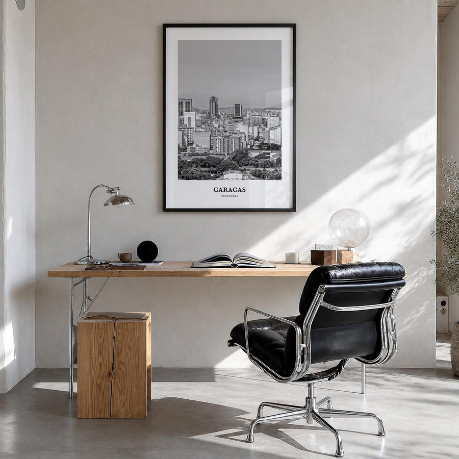 Caracas no. 2 black & white classic poster of Venezuela – vertical wall art in black wood frame, hanging on wall