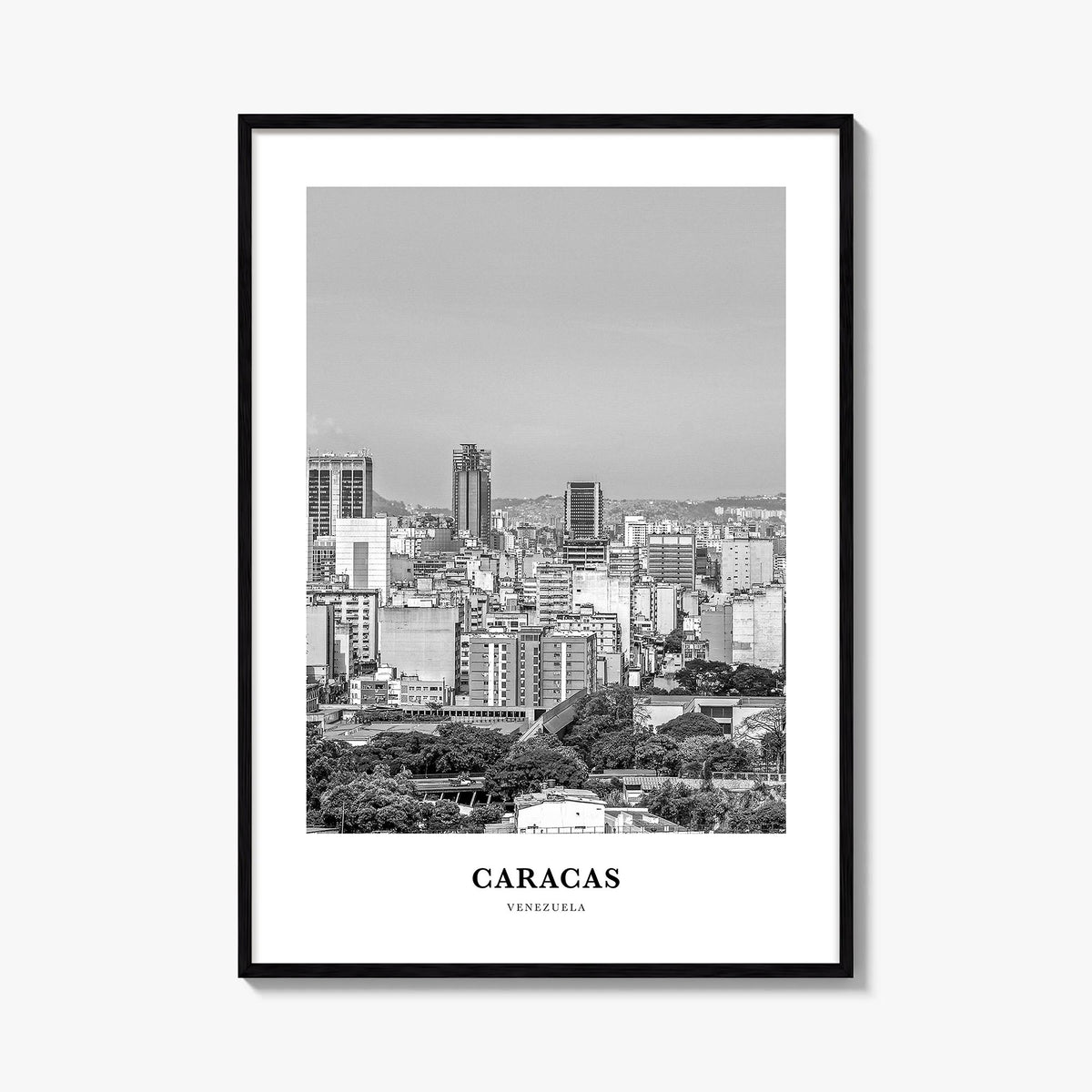 Caracas no. 2 black & white classic poster of Venezuela – vertical wall art, unframed print shown in interior mockup