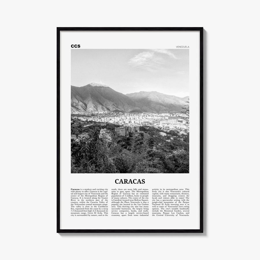Caracas no. 2 black & white newspaper poster of Venezuela – vertical wall art, unframed print shown in interior mockup