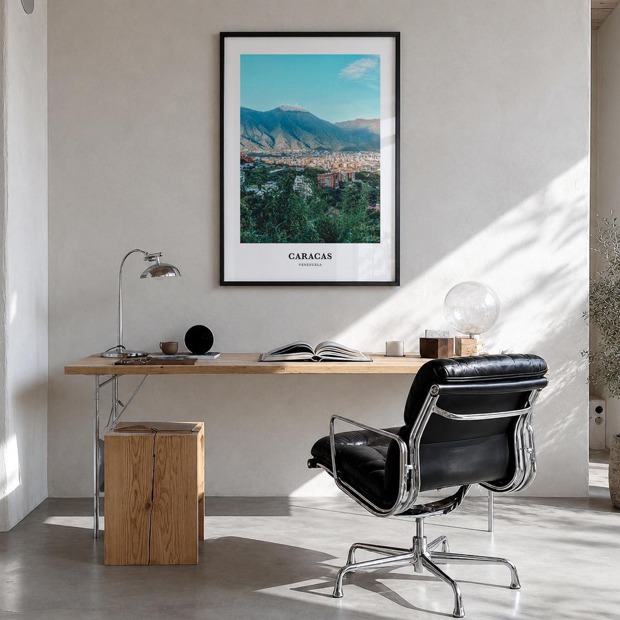 Caracas no. 2 colorful classic poster of Venezuela – vertical wall art in black wood frame, hanging on wall