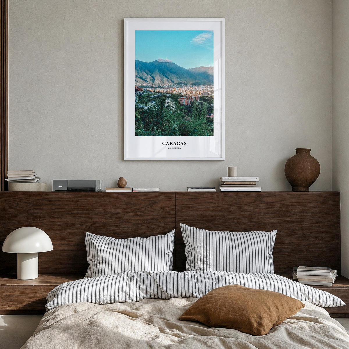 Caracas no. 2 colorful classic poster of Venezuela – vertical wall art in white wood frame, hanging on wall