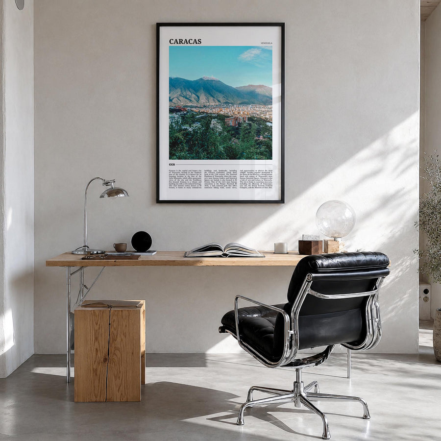 Caracas no. 2 colorful travel poster of Venezuela – vertical wall art in black wood frame, hanging on wall