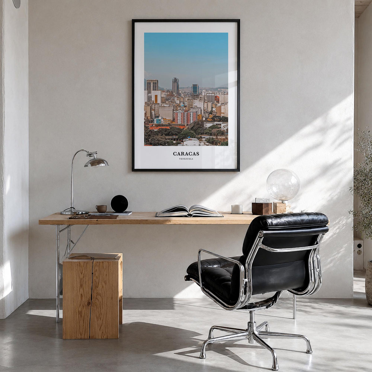 Caracas no. 3 colorful classic poster of Venezuela – vertical wall art in black wood frame, hanging on wall