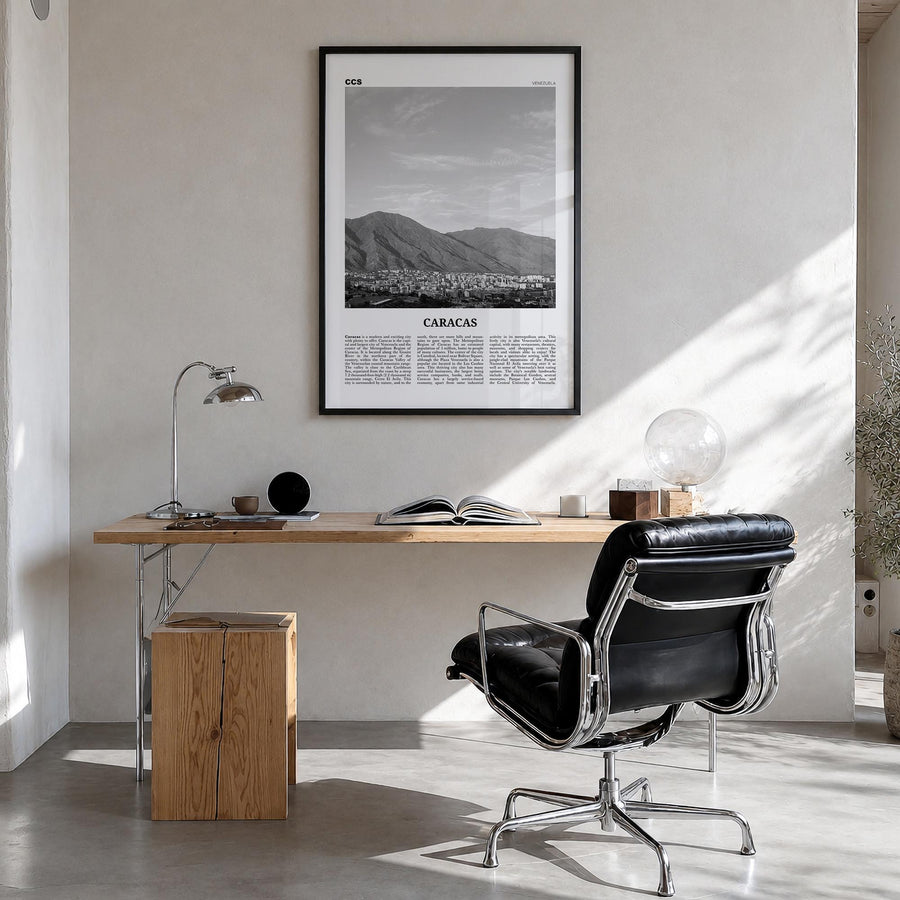 Caracas no. 4 black & white newspaper poster of Venezuela – vertical wall art in black wood frame, hanging on wall