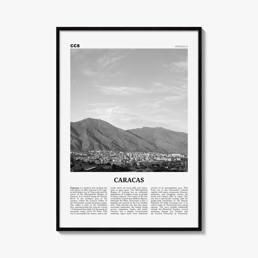 Caracas no. 4 black & white newspaper poster of Venezuela – vertical wall art, unframed print shown in interior mockup