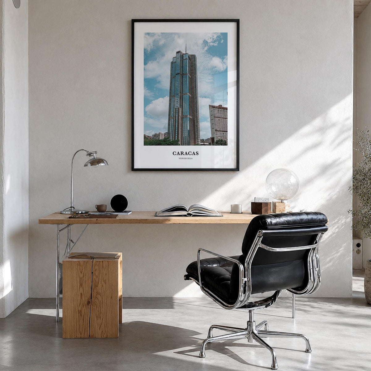 Caracas no. 4 colorful classic poster of Venezuela – vertical wall art in black wood frame, hanging on wall