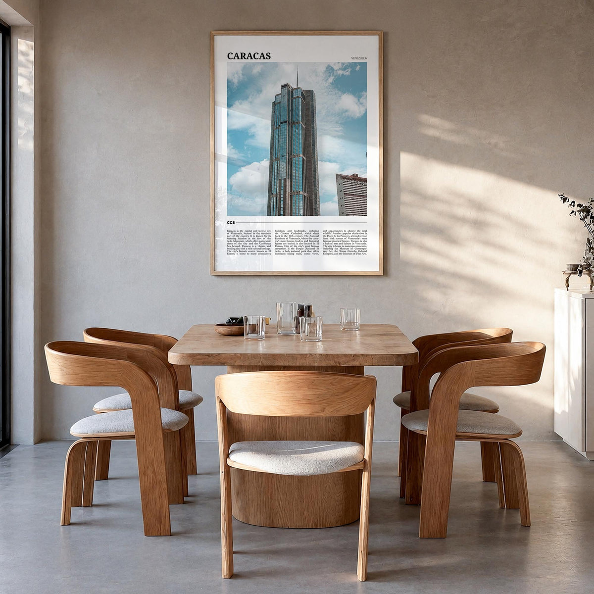 Caracas no. 4 colorful travel poster of Venezuela – vertical wall art in natural wood frame, hanging on wall