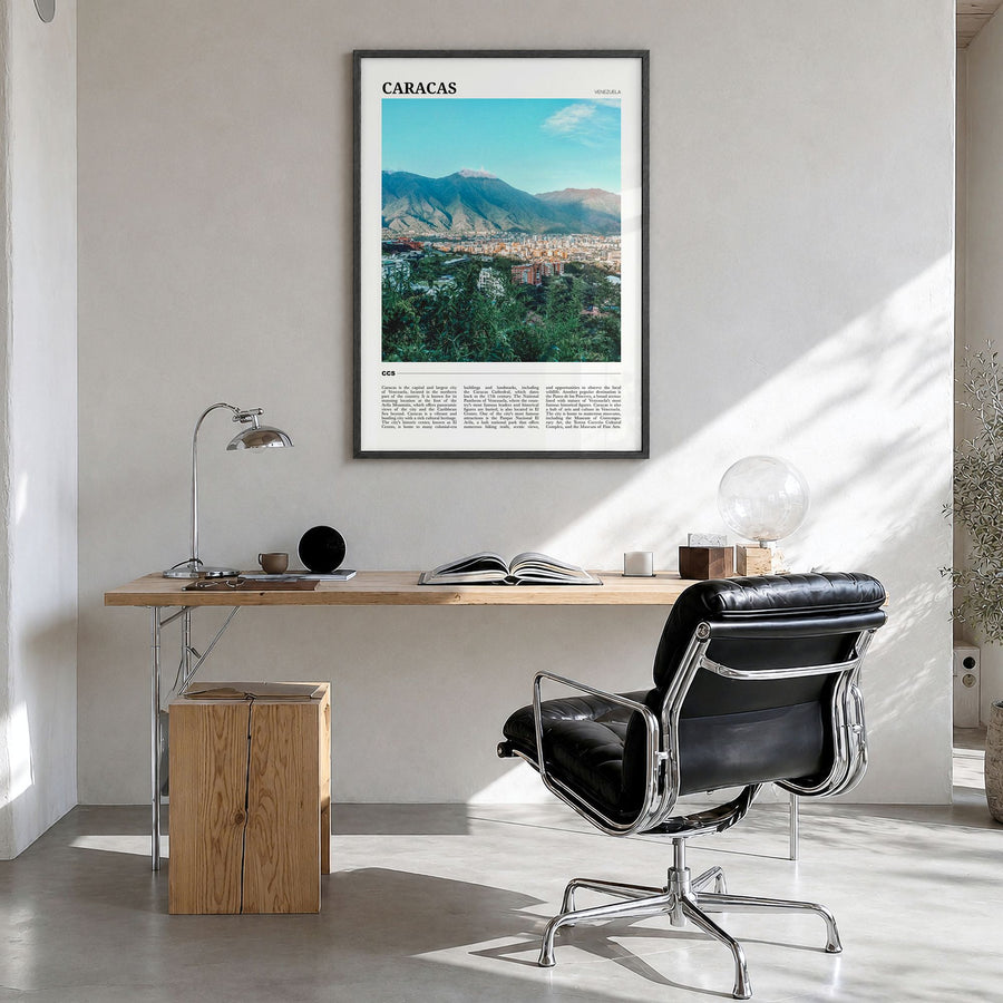 Caracas Travel No 2 Poster in a black wood frame, hanging in a bright home office