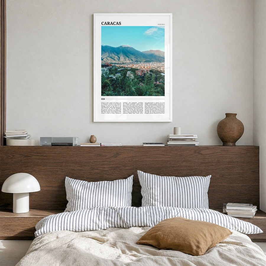 Caracas Travel No 2 Poster in a white wood frame, hanging in a bedroom