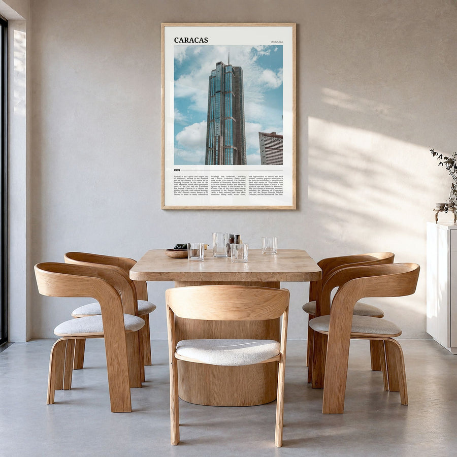 Caracas Travel No 4 Poster in a natural wood frame, hanging in a dining room
