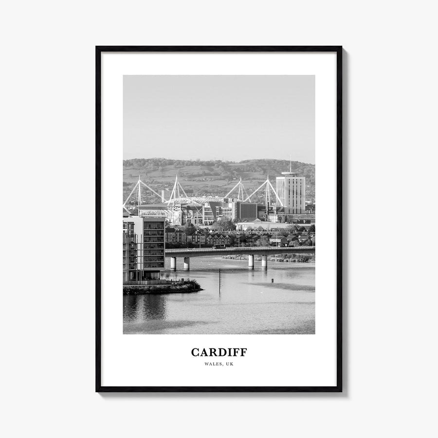 Cardiff black & white classic poster of Wales, UK – vertical wall art, unframed print shown in interior mockup