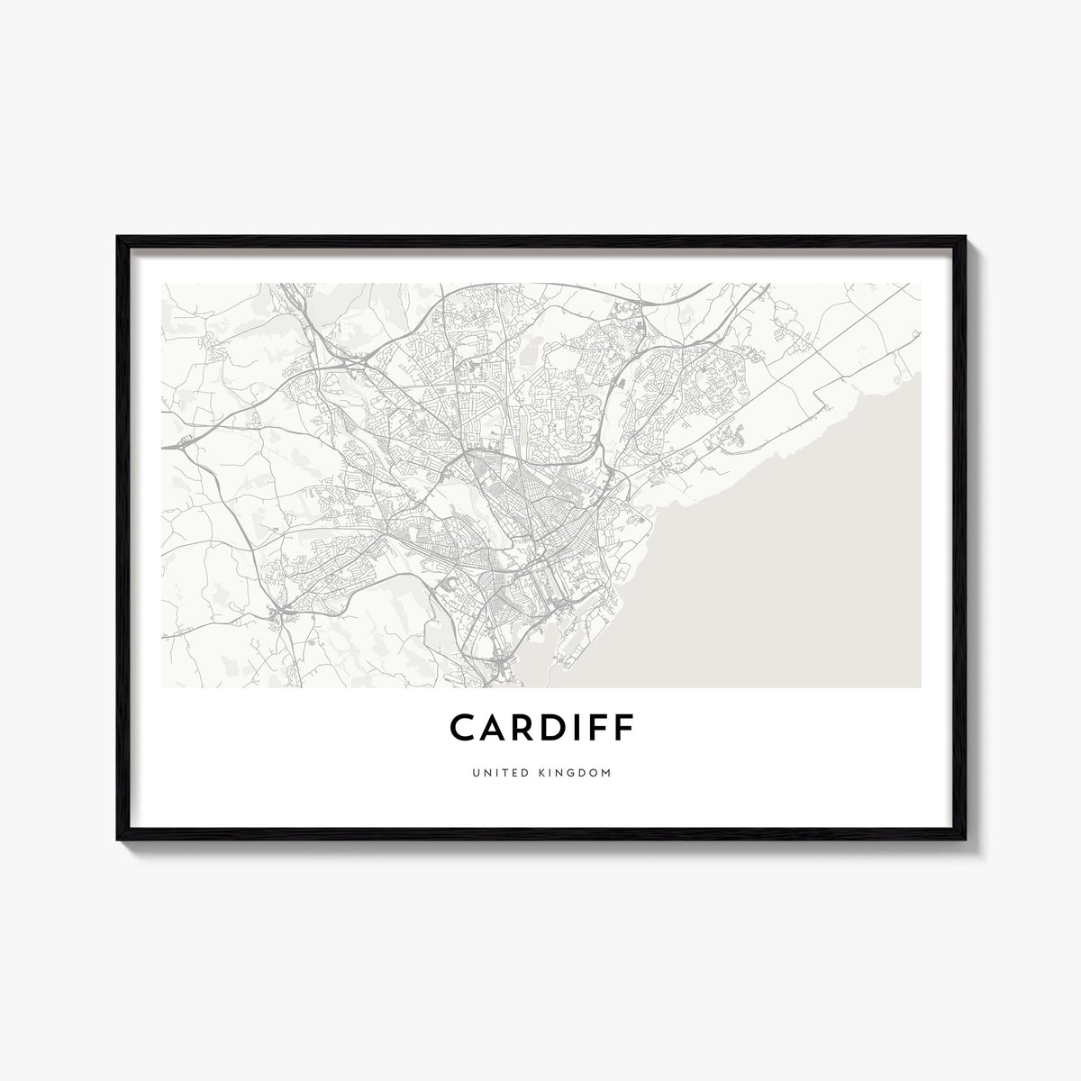 Cardiff black & white map poster of Wales, UK – horizontal wall art, unframed print shown in interior mockup