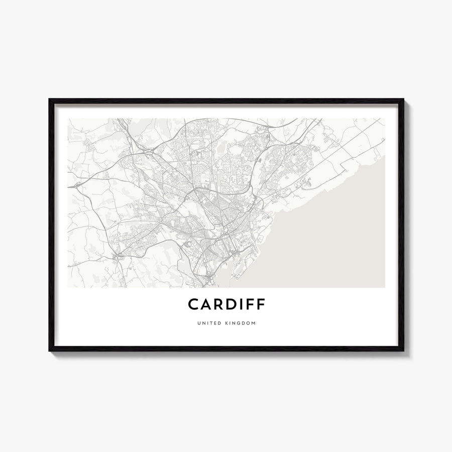 Cardiff black & white map poster of Wales, UK – horizontal wall art, unframed print shown in interior mockup