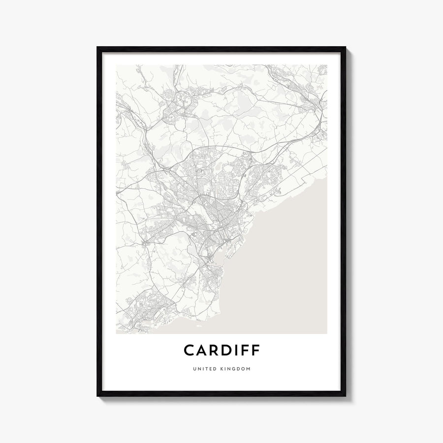 Cardiff black & white map poster of Wales, UK – vertical wall art, unframed print shown in interior mockup