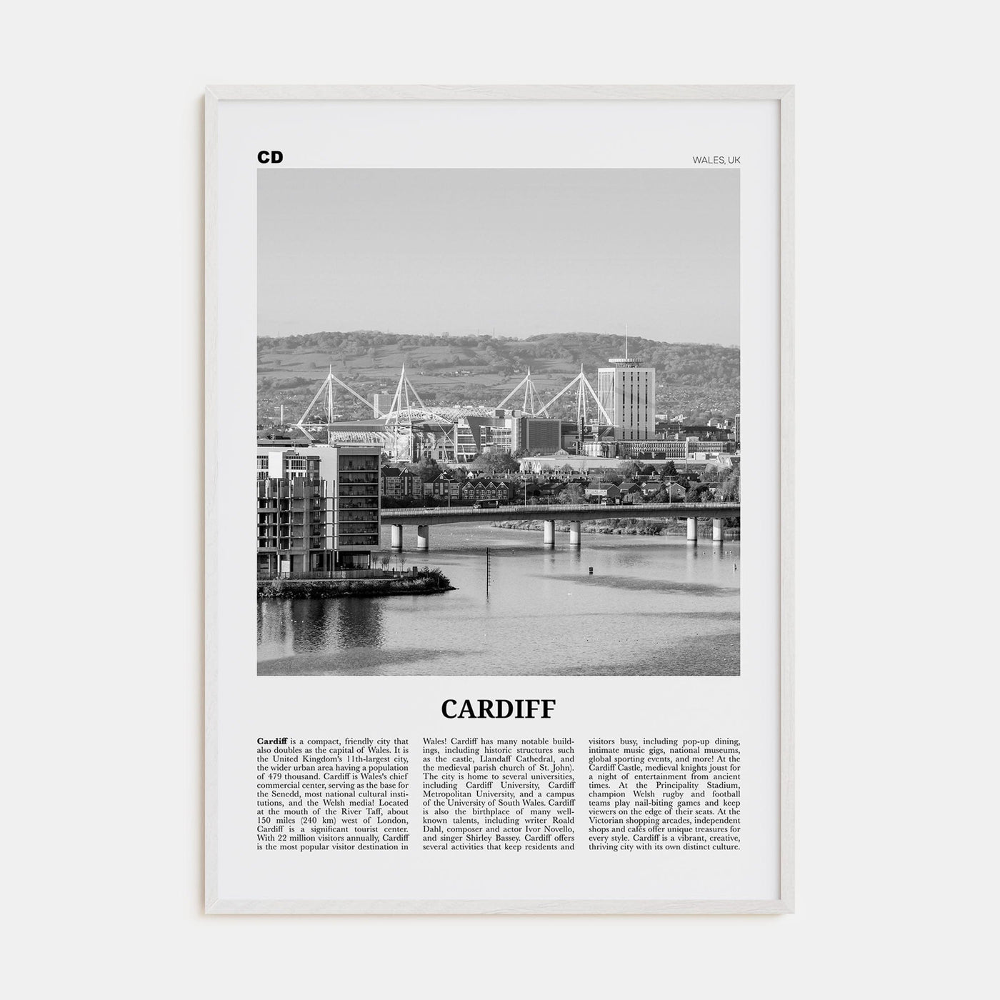 Cardiff Poster White Wood / 8x12 in Nbourhood Travel B&W Poster