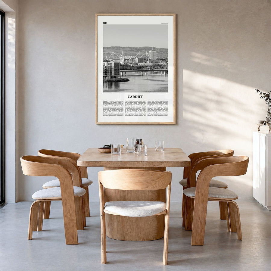 Cardiff Newspaper Poster in a natural wood frame, hanging in a dining room