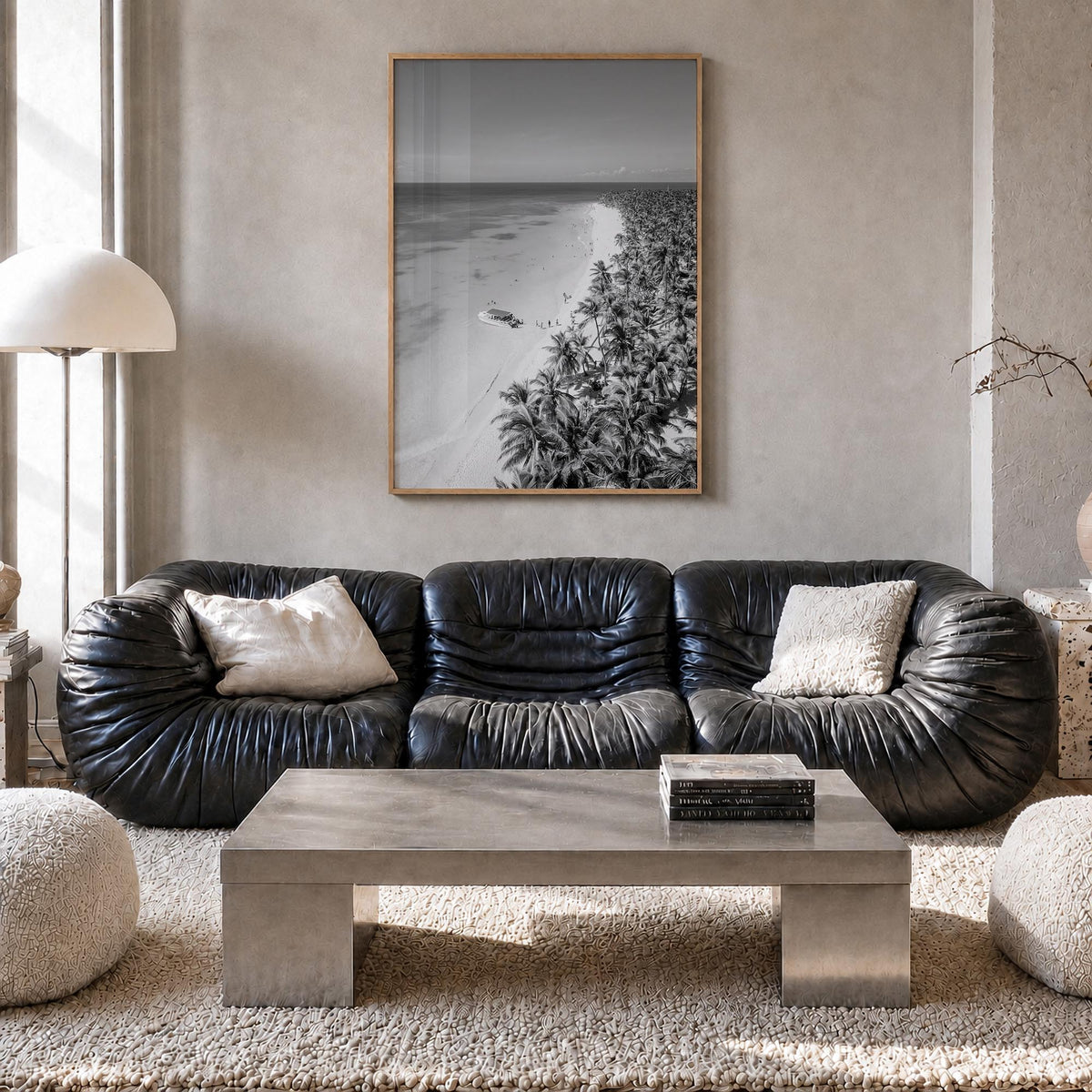 Caribbean black & white photo poster of World – vertical wall art in natural wood frame, hanging on wall