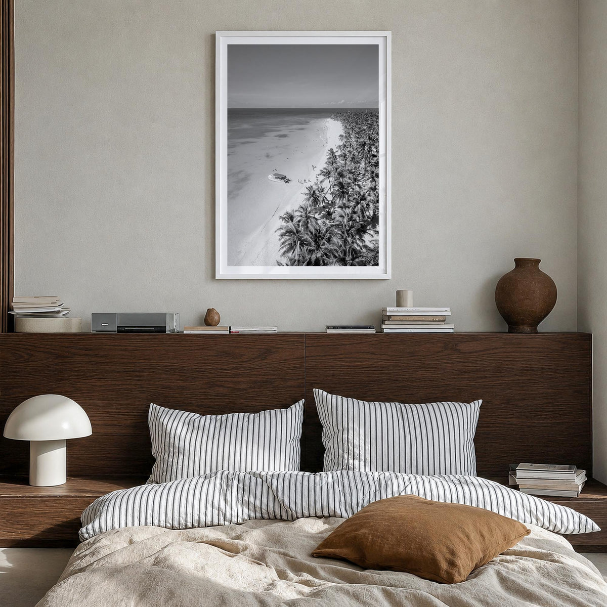 Caribbean black & white photo poster of World – vertical wall art in white wood frame with white border, hanging on wall