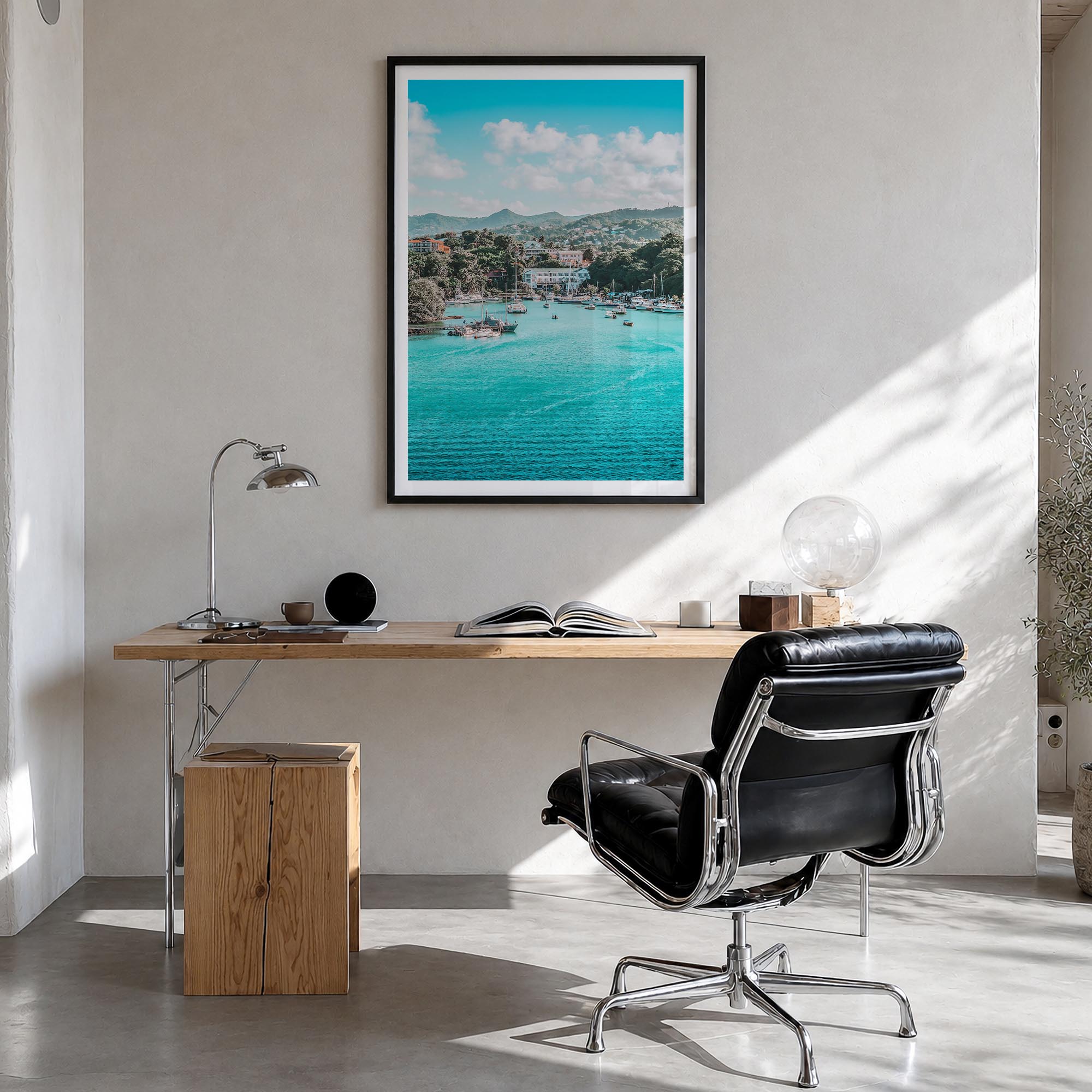 Caribbean colorful photo poster of World – vertical wall art in black wood frame with white border, hanging on wall