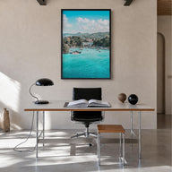 Caribbean colorful photo poster of World – vertical wall art in black wood frame, hanging on wall