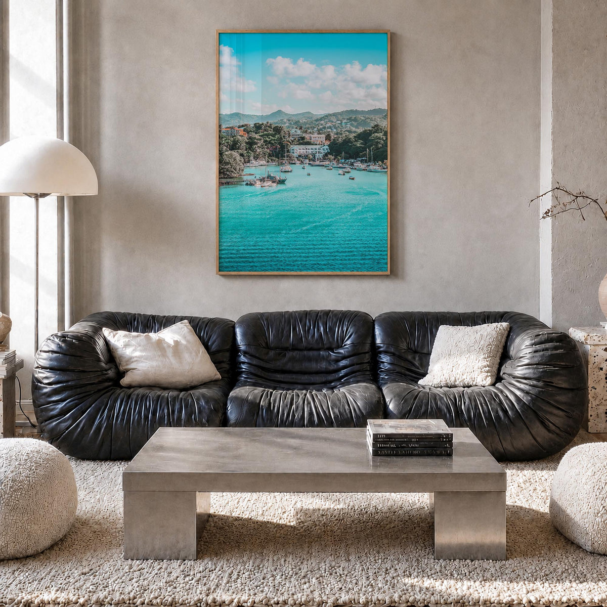 Caribbean colorful photo poster of World – vertical wall art in natural wood frame, hanging on wall