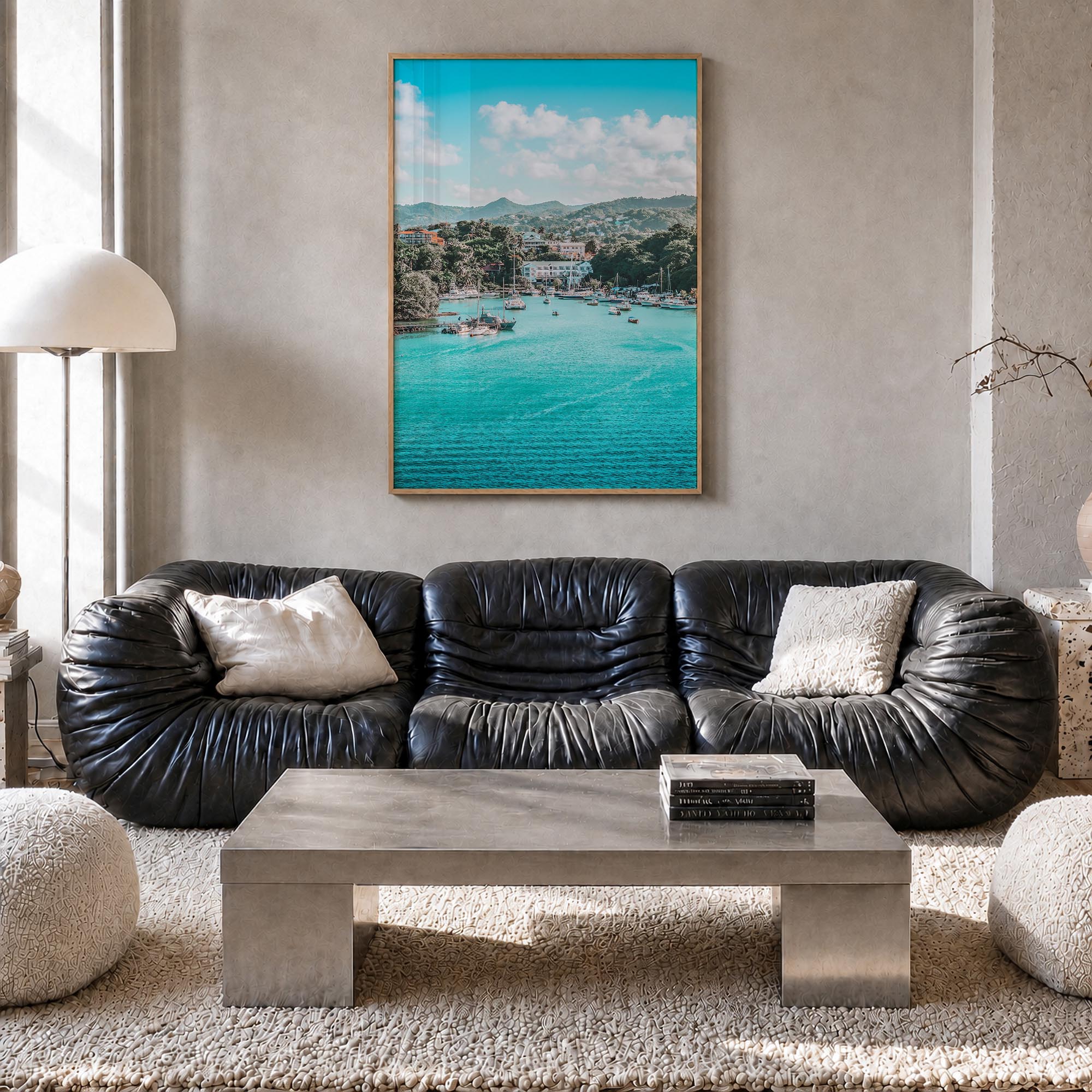 Caribbean colorful photo poster of World – vertical wall art in natural wood frame, hanging on wall