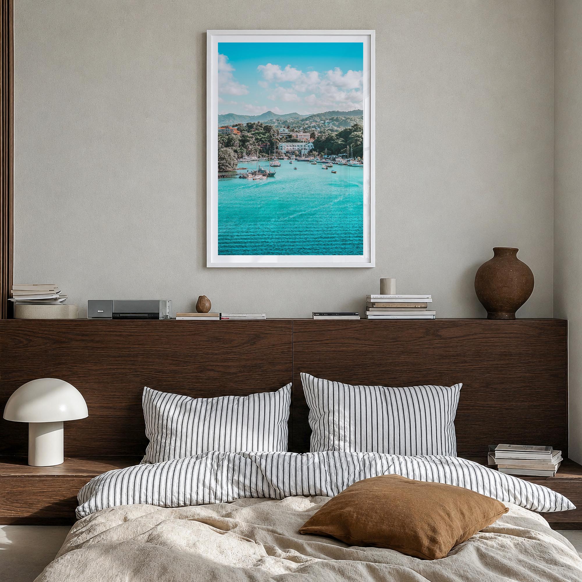 Caribbean colorful photo poster of World – vertical wall art in white wood frame with white border, hanging on wall