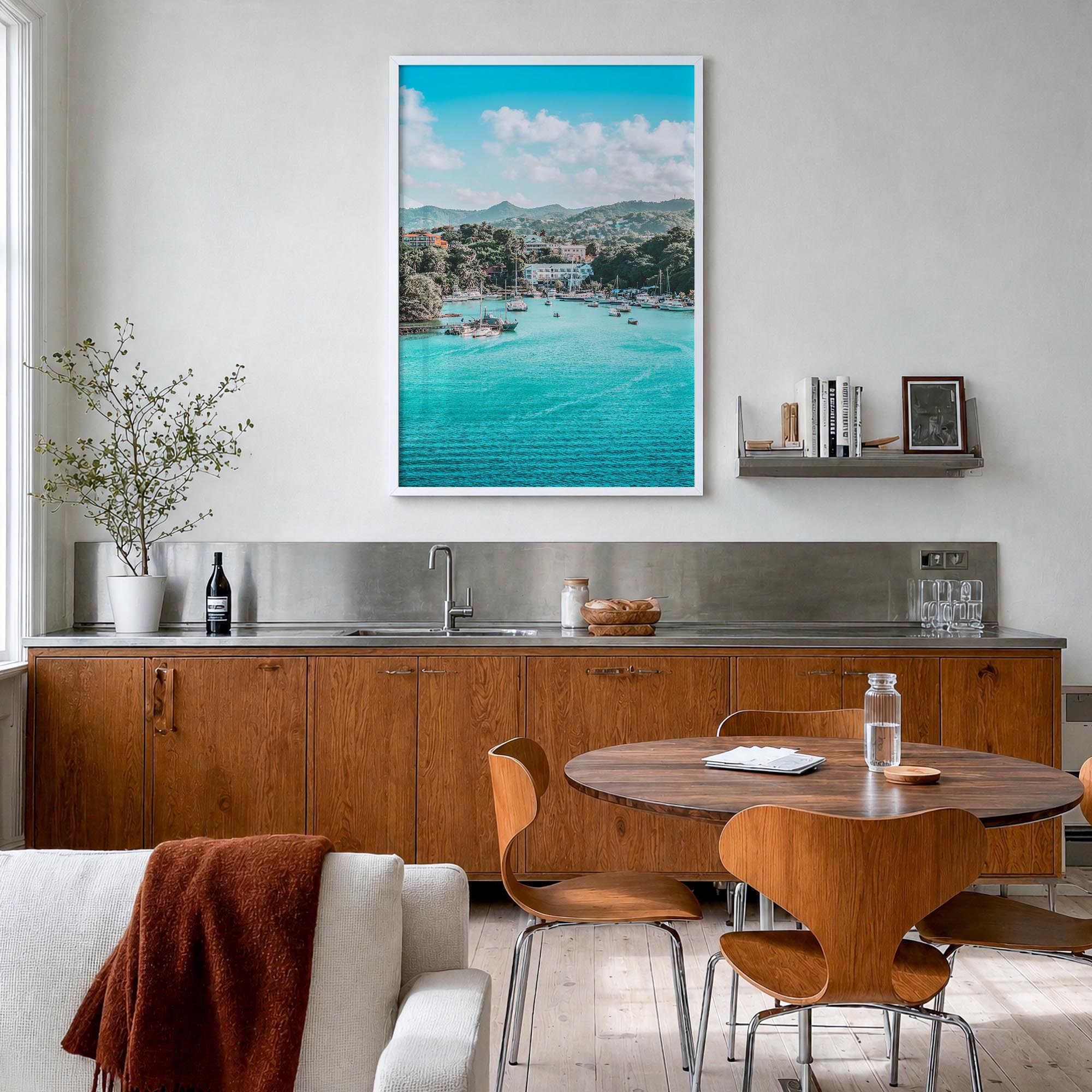 Caribbean colorful photo poster of World – vertical wall art in white wood frame, hanging on wall