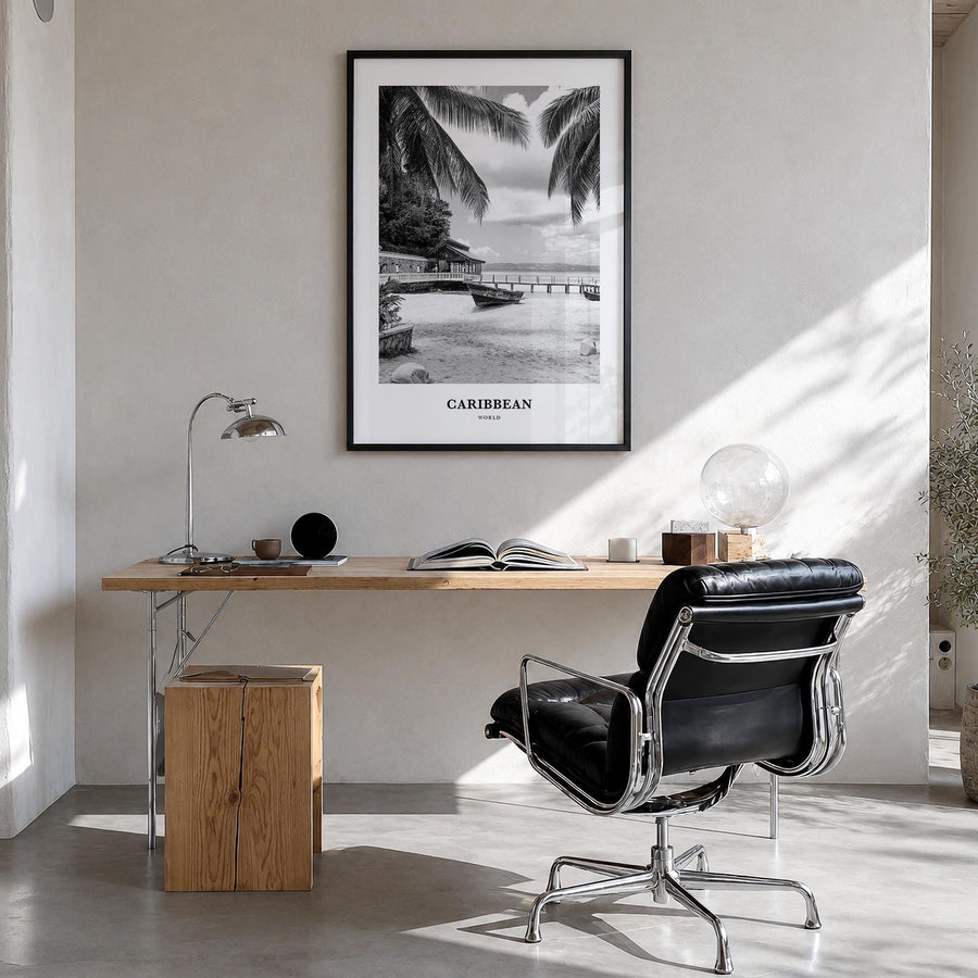 Caribbean no. 1 black & white classic poster of World – vertical wall art in black wood frame, hanging on wall