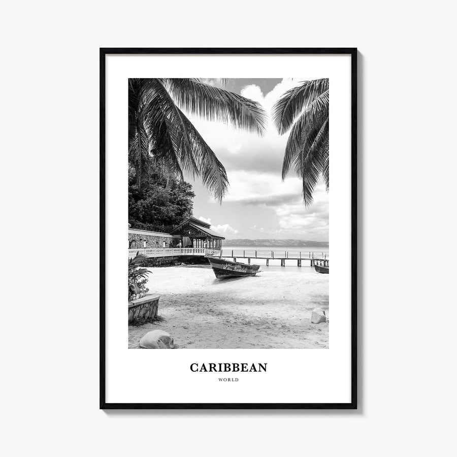 Caribbean no. 1 black & white classic poster of World – vertical wall art, unframed print shown in interior mockup