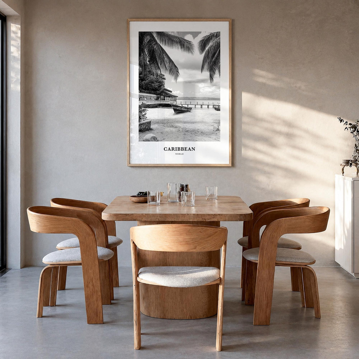 Caribbean no. 1 black & white classic poster of World – vertical wall art in natural wood frame, hanging on wall