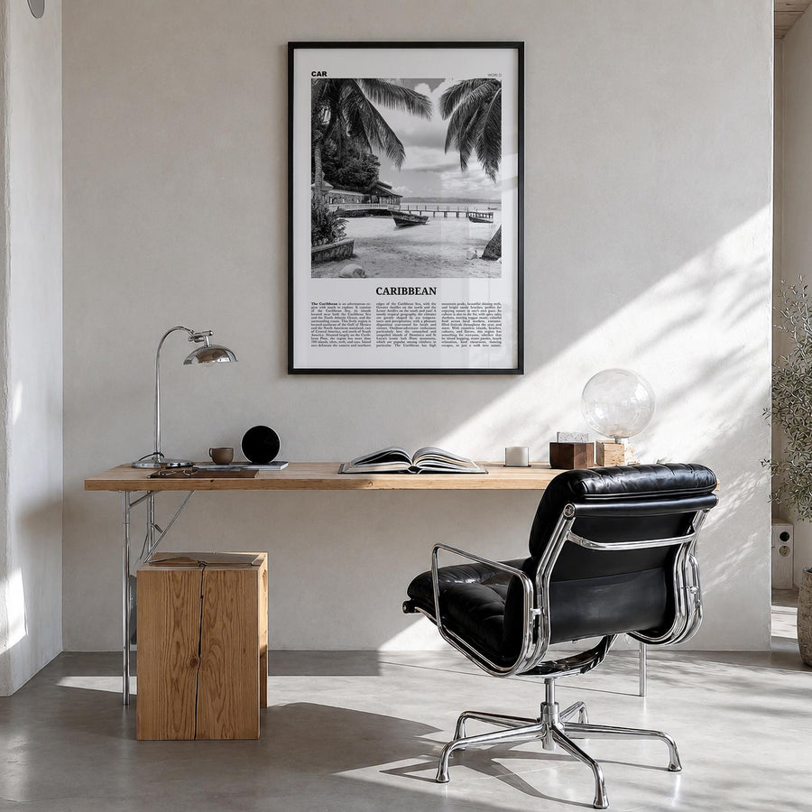 Caribbean no. 1 black & white newspaper poster of World – vertical wall art in black wood frame, hanging on wall