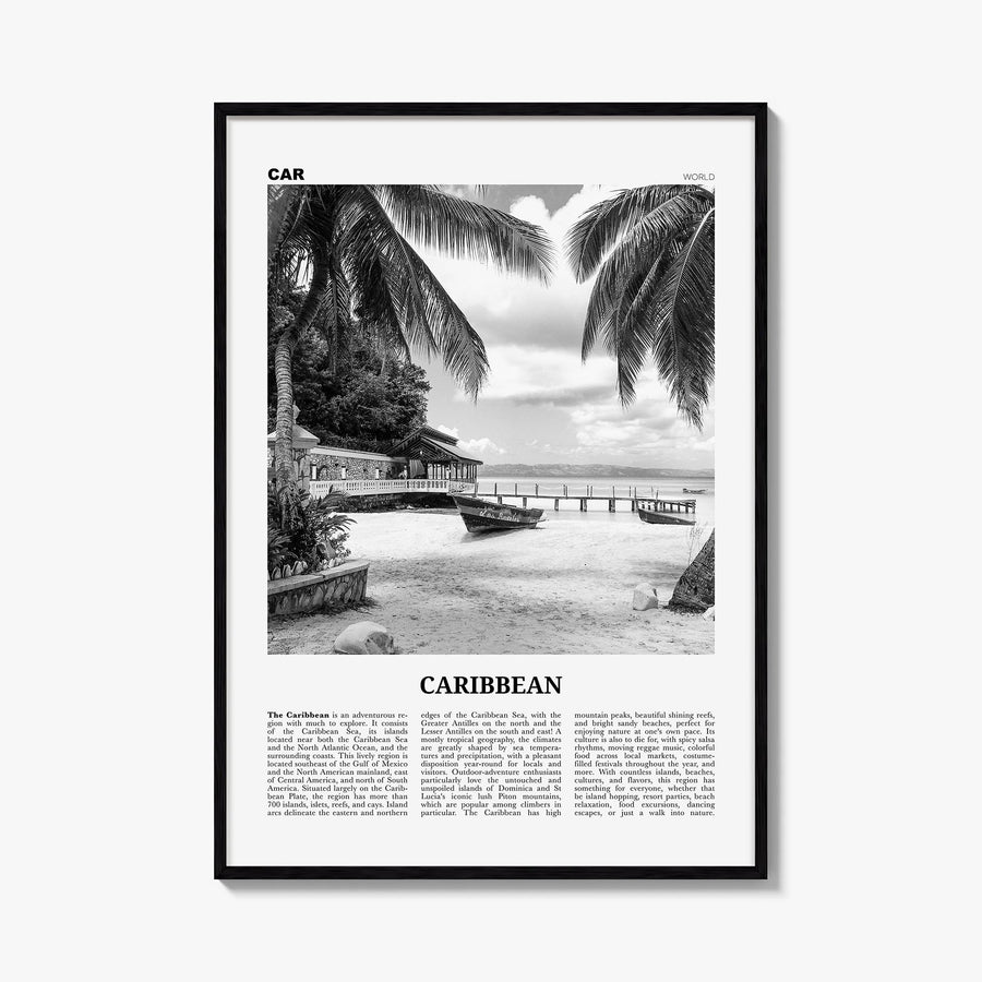 Caribbean no. 1 black & white newspaper poster of World – vertical wall art, unframed print shown in interior mockup