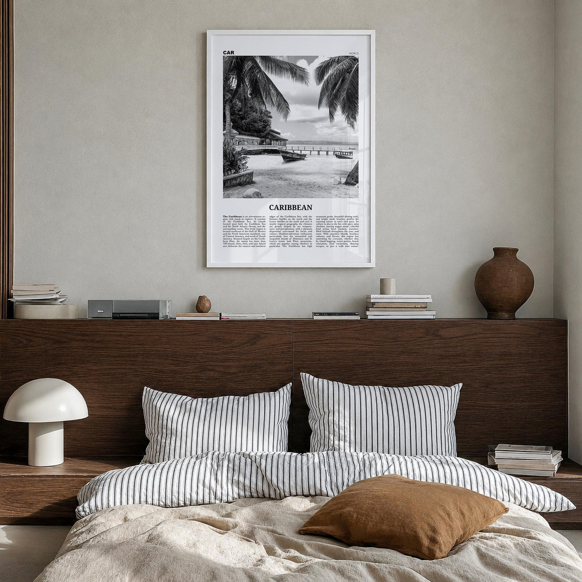 Caribbean no. 1 black & white newspaper poster of World – vertical wall art in white wood frame, hanging on wall
