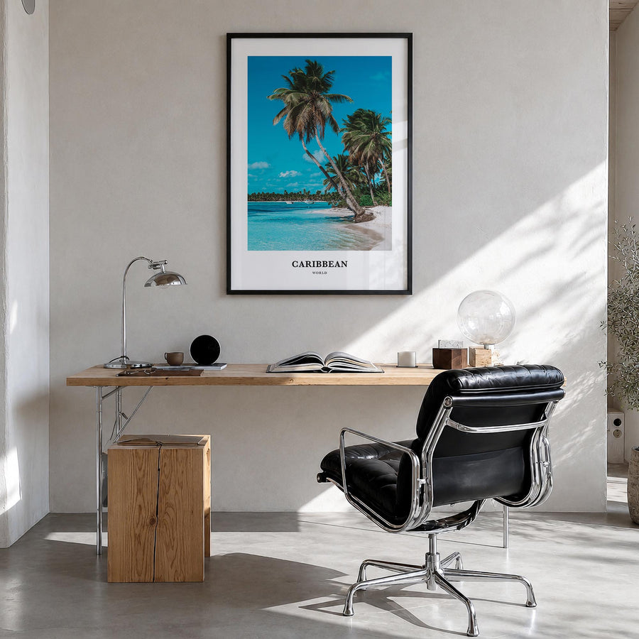 Caribbean no. 1 colorful classic poster of World – vertical wall art in black wood frame, hanging on wall