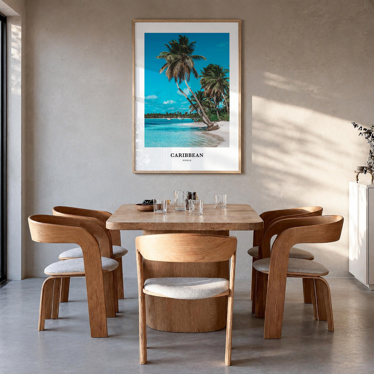 Caribbean no. 1 colorful classic poster of World – vertical wall art in natural wood frame, hanging on wall