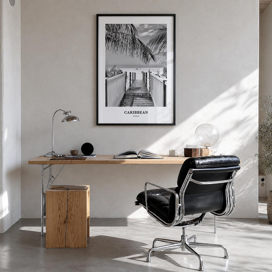 Caribbean no. 2 black & white classic poster of World – vertical wall art in black wood frame, hanging on wall