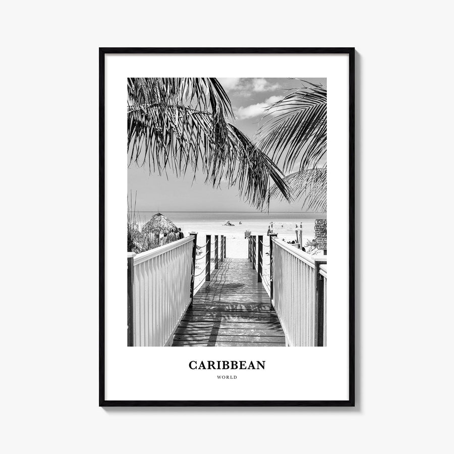 Caribbean no. 2 black & white classic poster of World – vertical wall art, unframed print shown in interior mockup