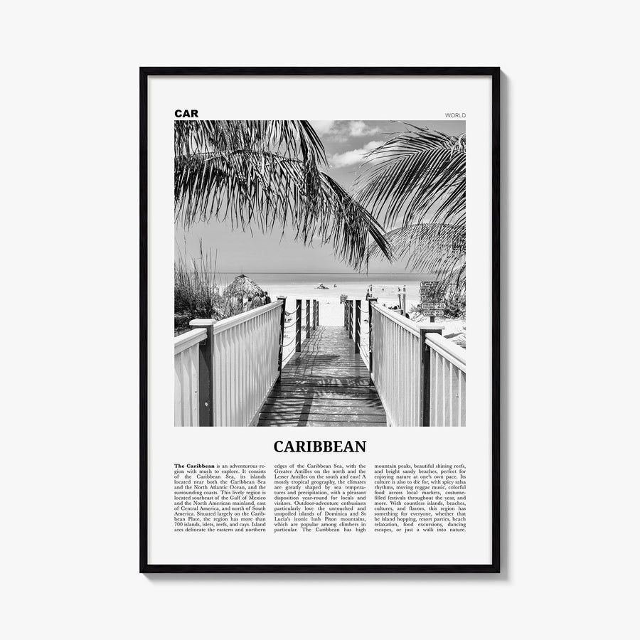Caribbean no. 2 black & white newspaper poster of World – vertical wall art, unframed print shown in interior mockup