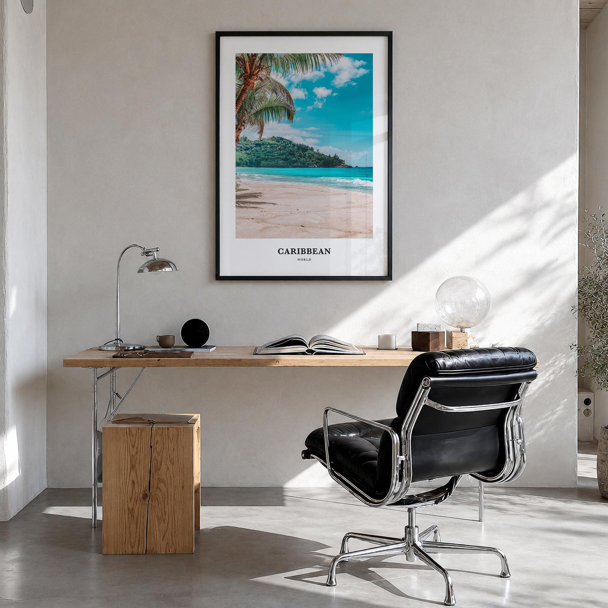 Caribbean no. 2 colorful classic poster of World – vertical wall art in black wood frame, hanging on wall